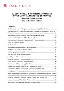 Financial Transaction Tax Oral and Written Evidence