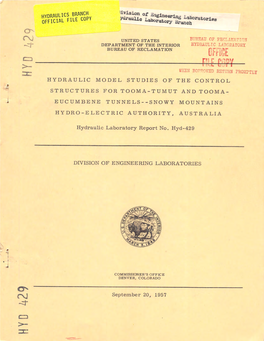 Hydraulic Model Studies of the Control Structures for Tooma-Tumut Ans Tooma-Eucumbene Tunnels, Snowy Mountains