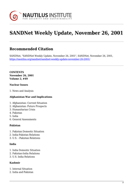 Sandnet Weekly Update, November 26, 2001
