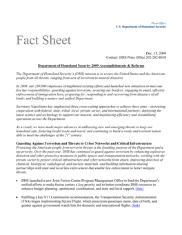 Department of Homeland Security 2009 Accomplishments & Reforms