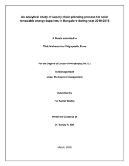 An Analytical Study of Supply Chain Planning Process for Solar Renewable Energy Suppliers in Bangalore During Year 2010-2015