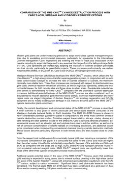 Comparison of the Mms Cn-Dtm Cyanide Destruction Process with Caro's Acid, Smbs/Air and Hydrogen Peroxide Options