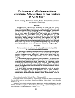 Performance of Elite Banana (Musa Acuminata, AAA) Cultivars in Four Locations of Puerto Rico12