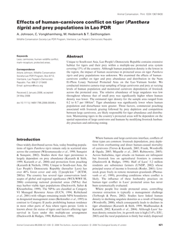 Panthera Tigris) and Prey Populations in Lao PDR A