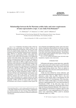 Relationships Between the De Martonne Aridity Index and Water Requirements of Some Representative Crops: a Case Study from Romania**