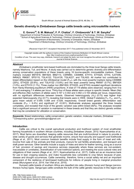 Genetic Diversity in Zimbabwean Sanga Cattle Breeds Using Microsatellite Markers