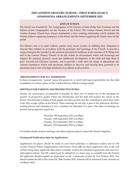 The London Oratory School - First Form (Year 7) Admissions Arrangements September 2022