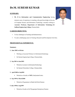 Dr.M.Sureshkumar for Year 2019-2020