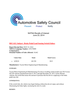 NHTSA Recalls of Interest June 23, 2014