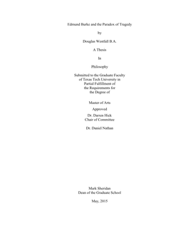 Edmund Burke and the Paradox of Tragedy by Douglas Westfall B.A. A