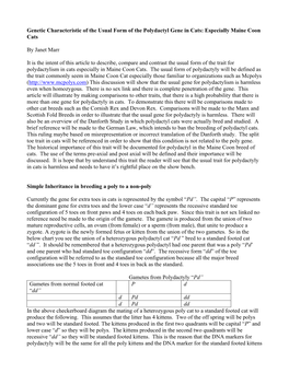 Genetic Characteristic of the Usual Form of the Polydactyl Gene in Cats: Especially Maine Coon Cats