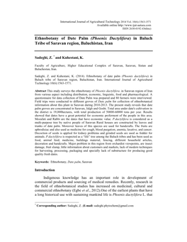 Ethnobotany of Date Palm (Phoenix Dactylifera) in Baluch Tribe of Saravan Region, Baluchistan, Iran