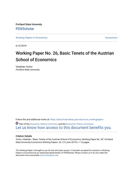 Working Paper No. 26, Basic Tenets of the Austrian School of Economics