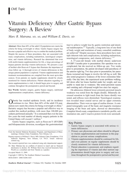 Vitamin Deficiency After Gastric Bypass Surgery: a Review