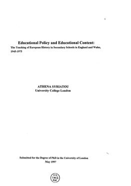 Educational Policy and Educational Content: the Teaching of European History in Secondary Schools in England and Wales, 1945-1975