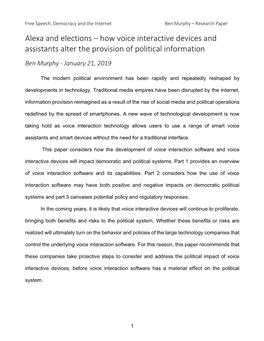 Alexa and Elections – How Voice Interactive Devices and Assistants Alter the Provision of Political Information Ben Murphy - January 21, 2019