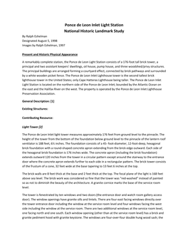 Ponce De Leon Inlet Light Station National Historic Landmark Study by Ralph Eshelman Designated August 5, 1998 Images by Ralph Eshelman, 1997