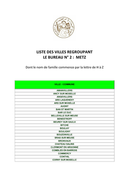 Liste Des Villes Regroupant Le Bureau N° 2 : Metz