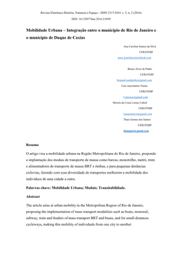 Mobilidade Urbana – Integração Entre O Município De Rio De Janeiro E O Município De Duque De Caxias