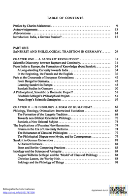 TABLE of CONTENTS Preface by Charles Malamoud 9 Acknowledgements 13 Abbreviations 14 Introduction: India, a German Passion? 15 P