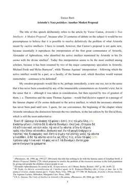 1 Enrico Berti Aristotle's Nous Poiêtikos: Another Modest Proposal the Title of This Speech Deliberately Refers to the Articl