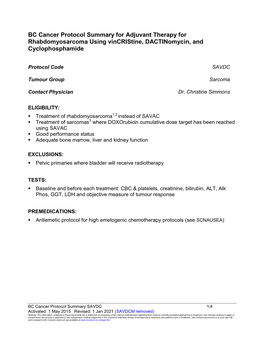 BC Cancer Protocol Summary for Adjuvant Therapy for Rhabdomyosarcoma Using Vincristine, Dactinomycin, and Cyclophosphamide