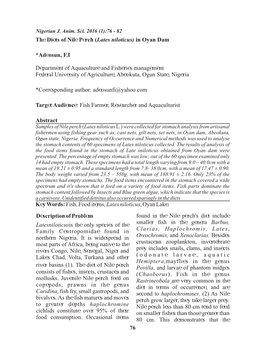 The Diets of Nile Perch (Lates Niloticus) in Oyan Dam *Adeosun, F.I Department of Aquaculture and Fisheries Management Federal U