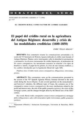 El Papel Del Crédito Rural En La Agricultura Del Antiguo Régimen: Desarrollo Y Crisis De Las Modalidades Crediticias (1600-1850)