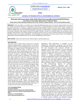 Molecular Characterization of the Nettle Plant Urtica Parviflora Based on RAPD Markerhot!