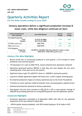 Quarterly Activities Report for the Three Months Ending 30 June 2020