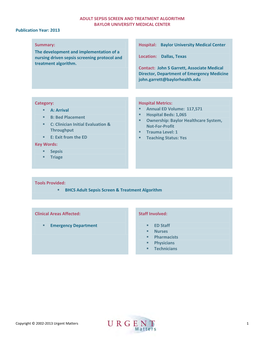 ADULT SEPSIS SCREEN and TREATMENT ALGORITHM BAYLOR UNIVERSITY MEDICAL CENTER Publication Year: 2013