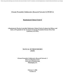 Chronic Prostatitis Collaborative Research Network-2 (CPCRN-2) Randomized Clinical Trial #2 MANUAL of PROCEDURES (MOP)