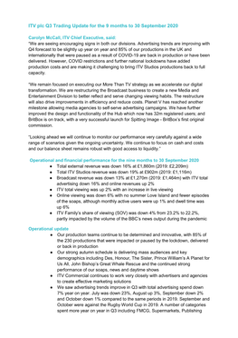 ITV Plc Q3 Trading Update for the 9 Months to 30 September 2020