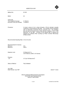 ASBESTOS in AIR Method No.: ID-160 Matrix: Air OSHA PEL Time