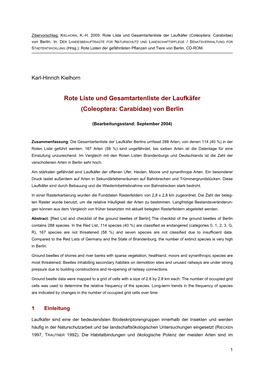 Rote Liste Und Gesamtartenliste Der Laufkäfer (Coleoptera: Carabidae) Von Berlin