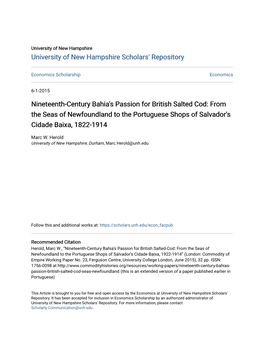 Nineteenth-Century Bahia's Passion for British Salted Cod: from the Seas of Newfoundland to the Portuguese Shops of Salvador's Cidade Baixa, 1822-1914