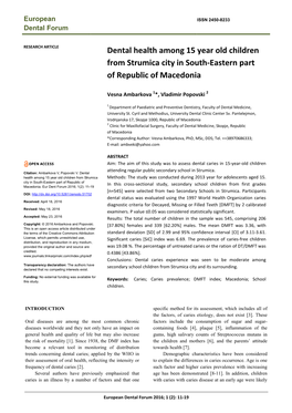 Dental Health Among 15 Year Old Children from Strumica City in South-Eastern Part of Republic of Macedonia