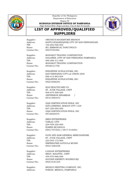 List of Approved/Qualified Suppliers