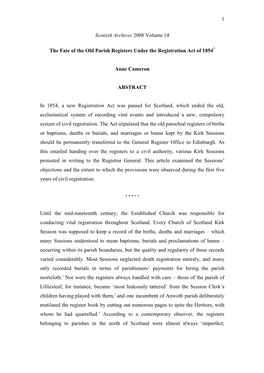 Fate of the Old Parish Registers Under the Registration Act of 1854 *