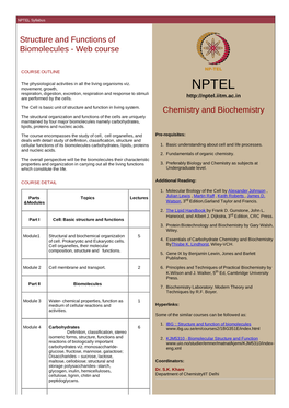 Structure and Functions of Biomolecules - Web Course