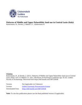 Patterns of Middle and Upper Palaeolithic Land Use in Central Lazio (Italy) Kamermans, H.; Sevink, J.; Bakels C.C., Kamermans H