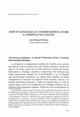 Fernán González, El Usurero Mítico: Entre La Epopeya Yel