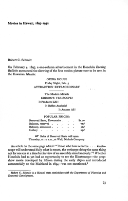 Movies in Hawaii, 1897-1932 Robert C. Schmitt on February 4, 1897, A