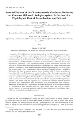 Seasonal Patterns of Leaf Photosynthesis After Insect Herbivory on Common Milkweed, Asclepias Syriaca: Reflection of a Physiolog