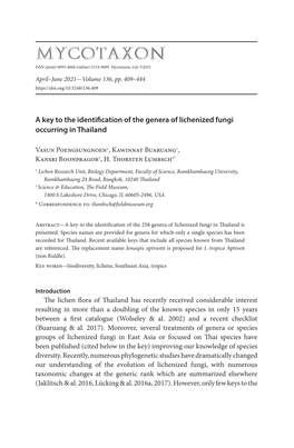 A Key to the Identification of the Genera of Lichenized Fungi Occurring in Thailand