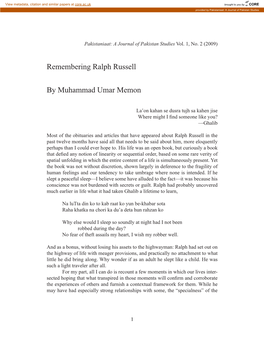 Remembering Ralph Russell by Muhammad Umar Memon