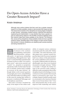 Do Open-Access Articles Have a Greater Research Impact?