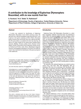 Hymenoptera: Braconidae), with Six New Records from Iran S