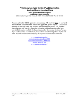 Application Municipal Comprehensive Plans Pre-Update Review Request Delaware State Planning Coordination 122 Martin Luther King, Jr