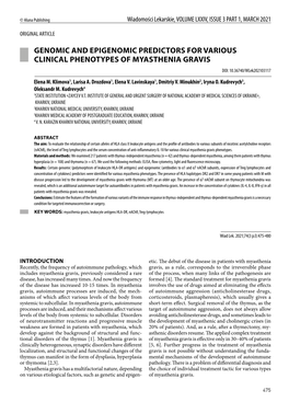 GENOMIC and EPIGENOMIC PREDICTORS for VARIOUS CLINICAL PHENOTYPES of MYASTHENIA GRAVIS DOI: 10.36740/Wlek202103117